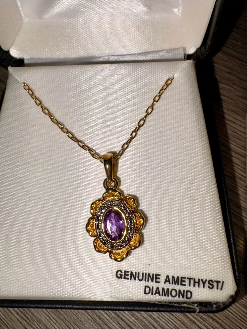 Gold-Plated Amethyst & Diamond Flower Pendant Necklace and Earrings Set